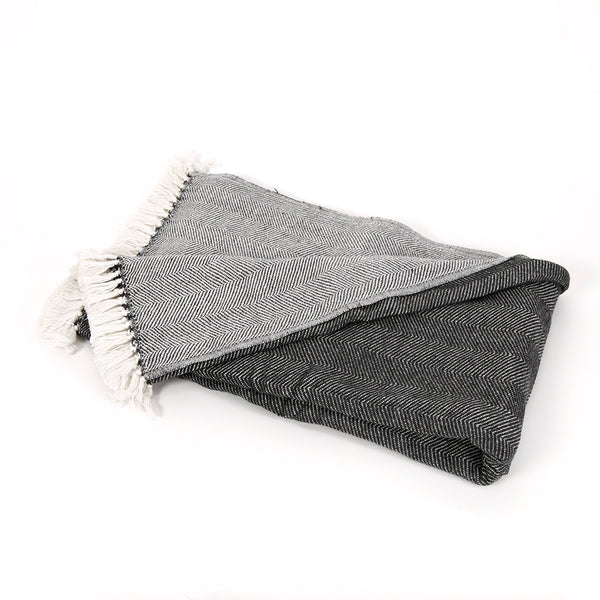 Herringbone Cashmere Throw Blanket / Charcoal