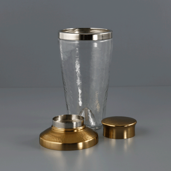 PEBBLED GLASS AND HAMMERED METAL COCKTAIL SHAKER