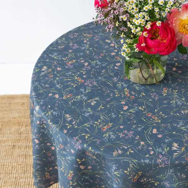 79" Round Linen Tablecloth / Wildflowers Navy