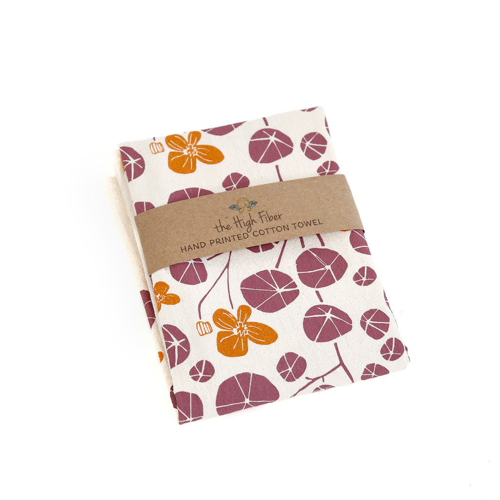 Hand Printed Tea Towel / Autumn Floral Nasturtium