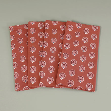 Block Print 4pc Napkin Set / Peacock Dark Terracotta