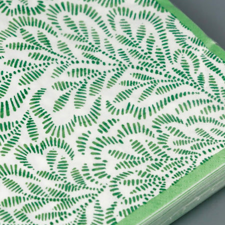 Caspari Paper Dinner Napkins / Block Print Leaves Green