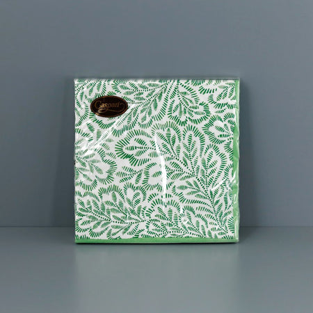 Caspari Paper Dinner Napkins / Block Print Leaves Green