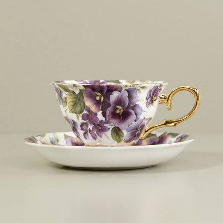 Bone China Tea Cup & Saucer / Purple Pansy