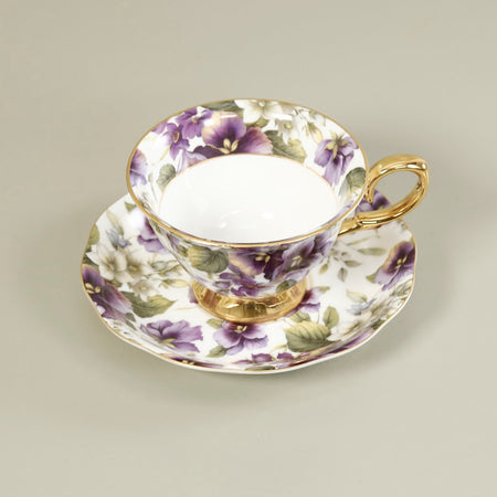 Bone China Tea Cup & Saucer / Purple Pansy