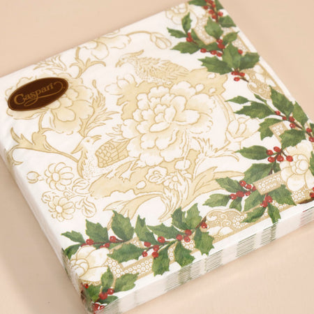 Caspari Paper Dinner Napkins / Holly Ceramic Ivory & Gold