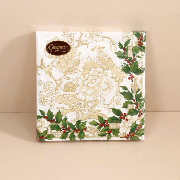 Caspari Paper Dinner Napkins / Holly Ceramic Ivory & Gold