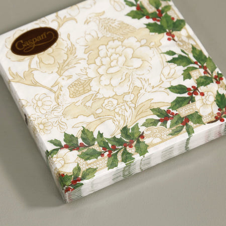 Caspari Paper Luncheon Napkins / Holly Ceramic Ivory & Gold