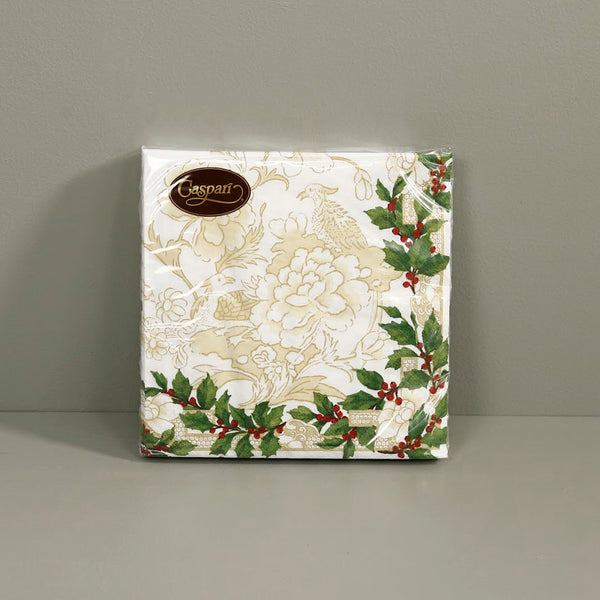 Caspari Paper Luncheon Napkins / Holly Ceramic Ivory & Gold