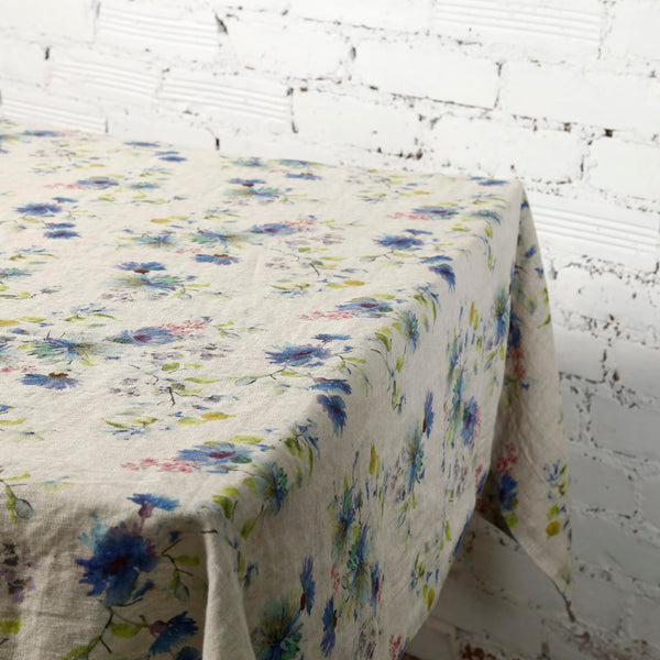 Flowers on Light Natural Linen Tablecloth