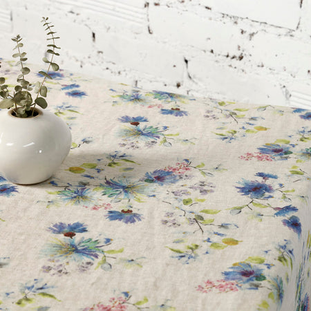 Flowers on Light Natural Linen Tablecloth