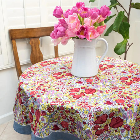 Jardin Red & Grey Block Print Tablecloth / Round