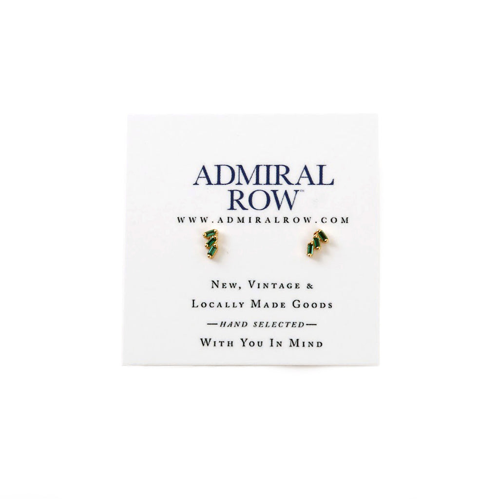 Mini Gold Plate Triple Baguette Studs / Green
