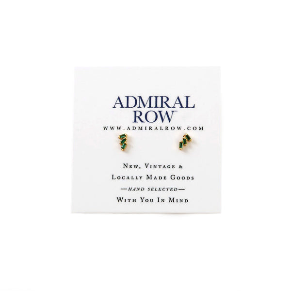 Mini Gold Plate Triple Baguette Studs / Green