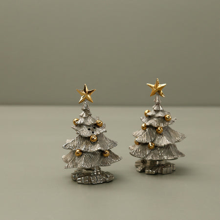 Pewter Salt & Pepper Shakers / Christmas Trees with Gold