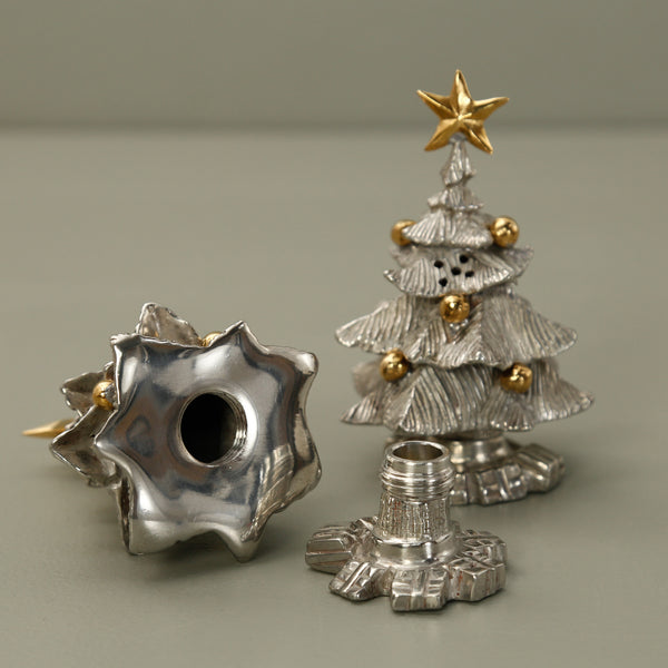 Pewter Salt & Pepper Shakers / Christmas Trees with Gold