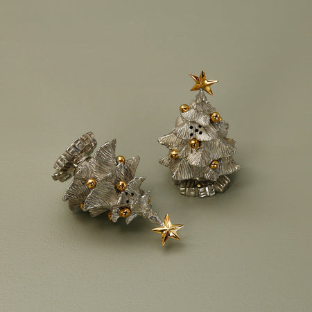 Pewter Salt & Pepper Shakers / Christmas Trees with Gold