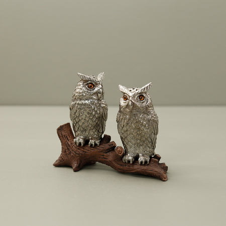 Pewter Salt & Pepper Shakers / Owls on Log
