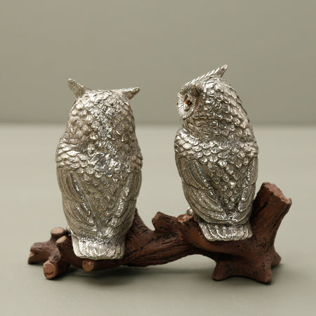 Pewter Salt & Pepper Shakers / Owls on Log