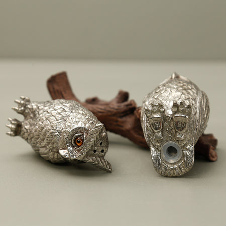 Pewter Salt & Pepper Shakers / Owls on Log