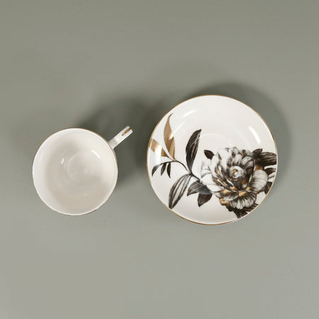 Porcelain Tea Cup & Saucer / Black Gold Peony