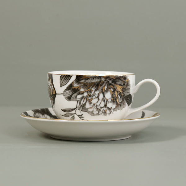 Porcelain Tea Cup & Saucer / Black Gold Peony