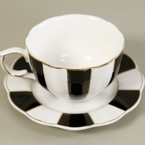 Porcelain Tea Cup & Saucer / Black and White Scallop