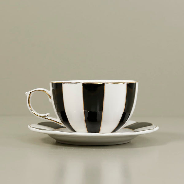 Porcelain Tea Cup & Saucer / Black and White Scallop