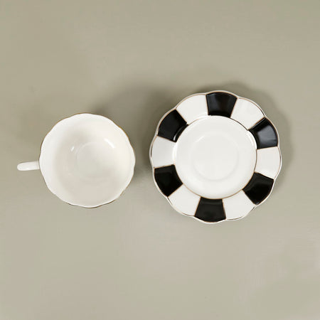 Porcelain Tea Cup & Saucer / Black and White Scallop