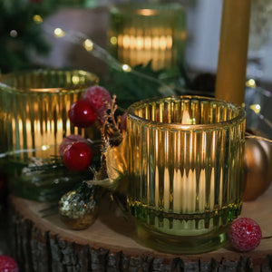 Ribbed Green Glass Tealight Candle Holder