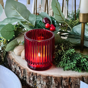 Ribbed Red Glass Tealight Candle Holders