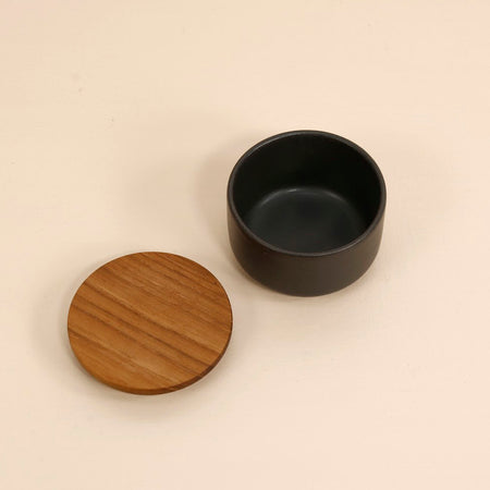 Stoneware & Acacia  Salt Container / Black