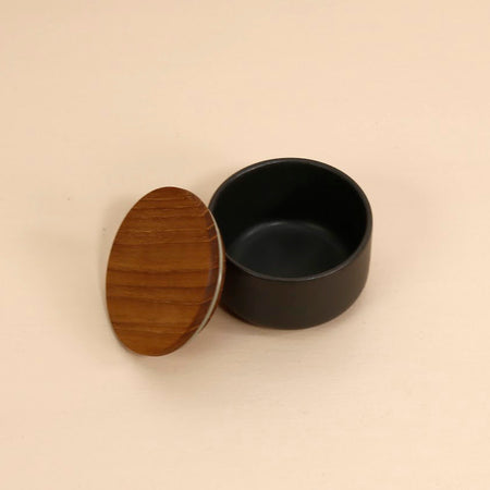 Stoneware & Acacia  Salt Container / Black