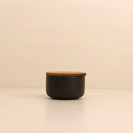 Stoneware & Acacia  Salt Container / Black