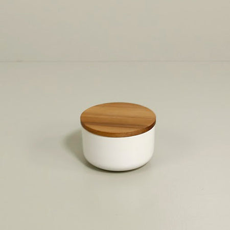 Stoneware & Acacia Salt Container / White