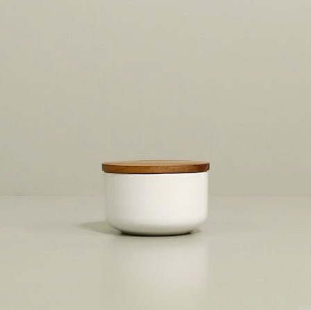 Stoneware & Acacia Salt Container / White