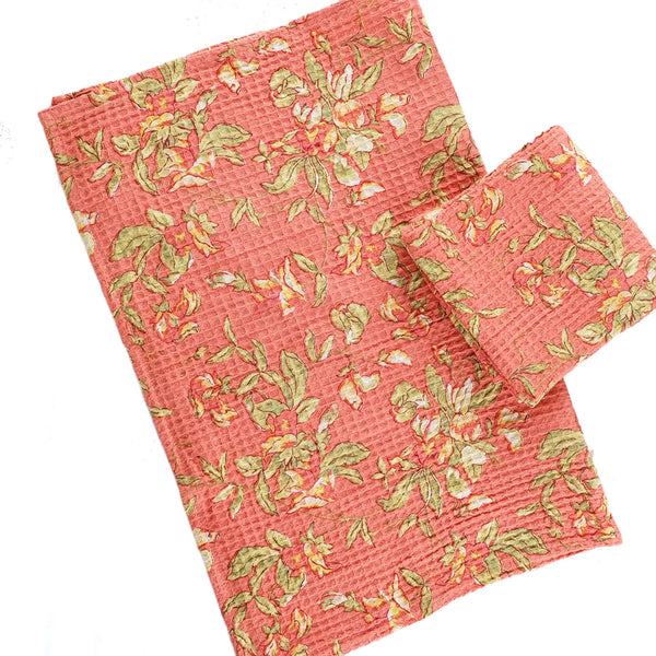 Printed Waffle Tea Towel / Sweet Pea / Coral
