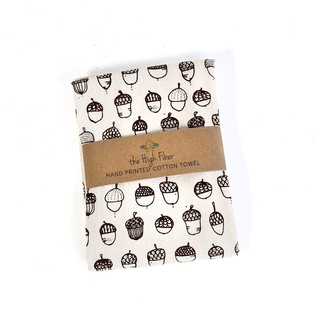 Hand Printed Tea Towel / Acorns