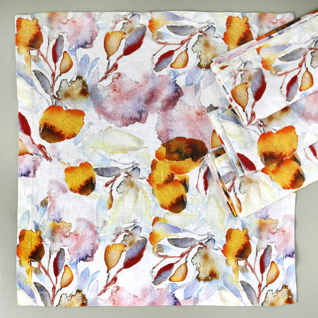 Orange Flow on White Linen Napkins (New Size) / 4pc