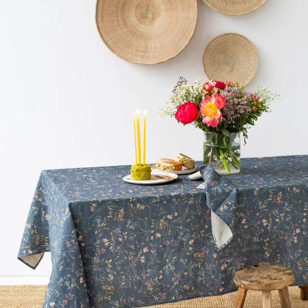 Wildflowers Navy Linen Tablecloth