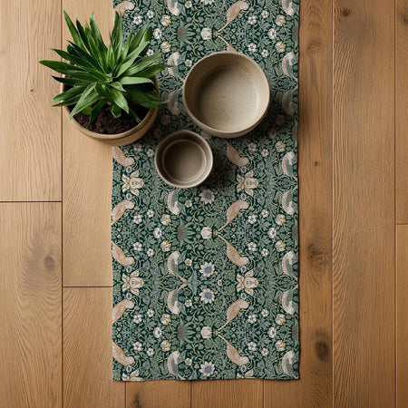 William Morris Linen Table Runners / Strawberry Thief Green