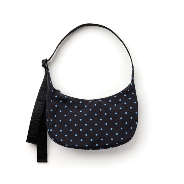 Baggu Small Crescent Bag / Black & Sky Blue Micro Dot