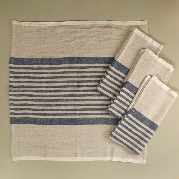 Brittany Linen Napkin Set of 4 / Natural & Blue Stripe