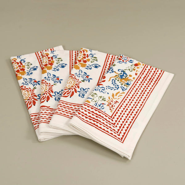 Canton Flower Block Print Cotton Napkins / 4pc