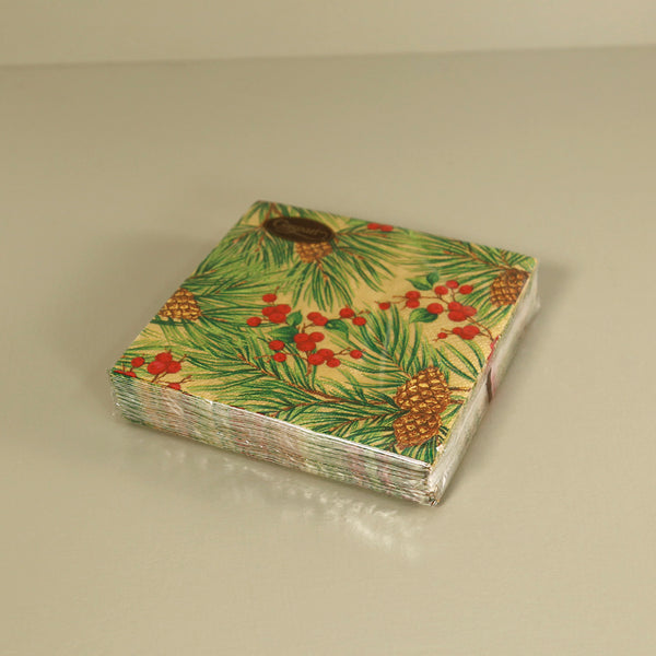 Caspari Paper Cocktail Napkins / Evergreen And Berries