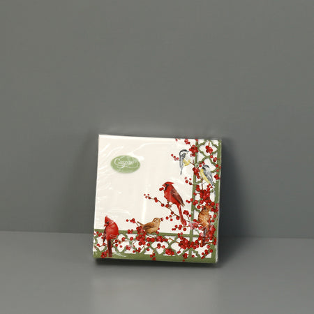 Caspari Paper Cocktail Napkins / Winter Birds and Berries