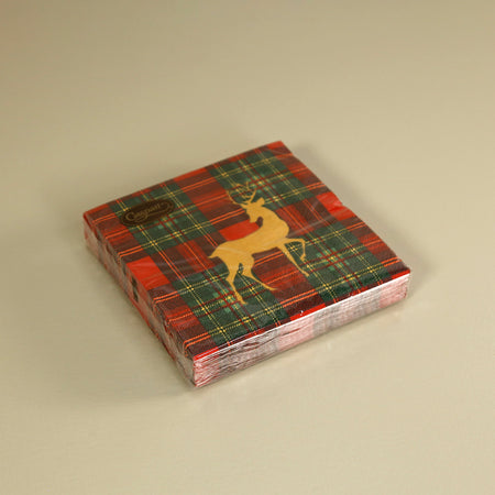 Caspari Paper Cocktail Napkins / Reindeer Tartan