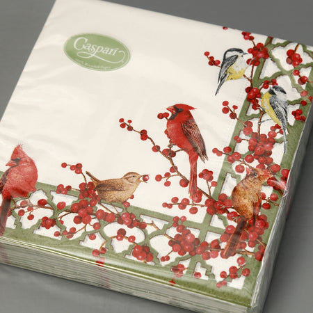 Caspari Paper Cocktail Napkins / Winter Birds and Berries
