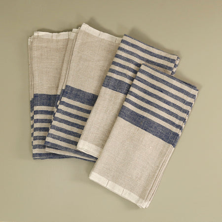 Brittany Linen Napkin Set of 4 / Natural & Blue Stripe