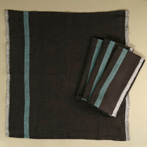 Laundered Linen Napkin Set of 4 / Charcoal & Aqua